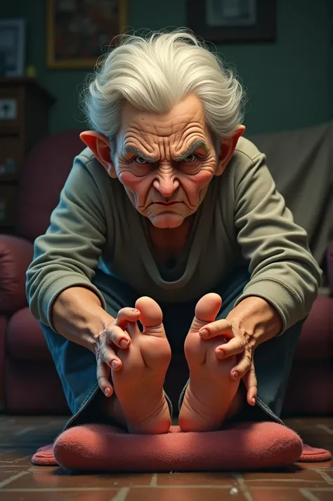 Create a mean grandma who makes her grandson massage her old stinky sweaty feet 