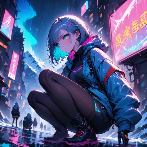 ,A woman squatting on a glacier, compromising and enduring an artificial aurora generated in a small device.night on a glacier,girl,cyberpunk,Shorts, Hoodie Jacket, Tights,A small mecha, a sidekick that comes with the woman., mechanical devices on top of g...