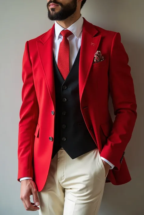  Create an outfit with a bright red jacket vest,  cream-colored trousers  (beige white ), white shirt,  red tie and black waistcoat 