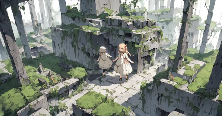 A young girl walks through a ruined city　 moss and plants on the building　A little flower under your feet 　Utopia