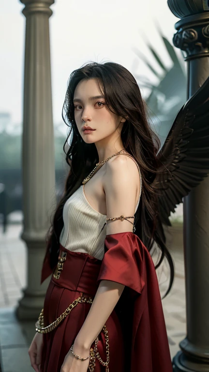 Half body portrait of Asian young woman, features a striking character with dark, ethereal elements. The figure is a female character dressed in a gothic-inspired red outfit adorned with intricate jewelry and chains. She has large, red angelic wings, givin...