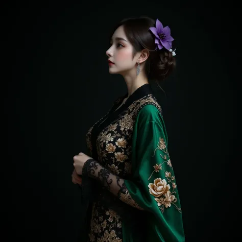 A fantastical scene of an asian woman dressed in a luxurious kimono with emerald green as the base, adorned with intricate floral patterns in black, white, and purple accents. The sleeves are made of delicate lace, adding a gothic touch to the overall desi...