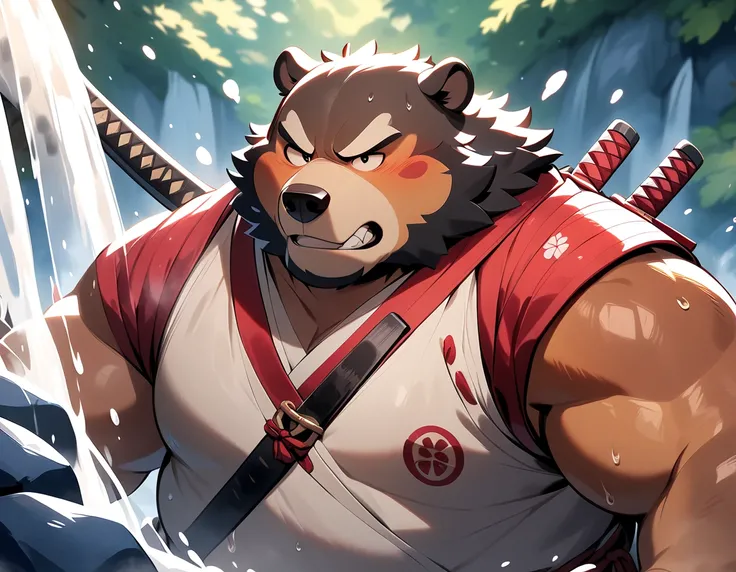  man with big overweight bear, Fat face、masterpiece,  best quality , VERY BEAUTIFUL、samurai boy、white riding hood、anger、Brave、Right under the waterfall、滝でshower、 beautiful splashes 