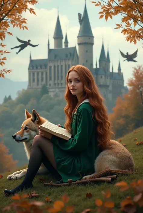 Une fille aux cheveux longs ondulés carré, de couleur châtain. Venant de la maison serpentard. Par conséquent elle porte la tenue des serpentard. Assises sur une colline en automne face de Poudlard, elle tient un livre et cela fait très bien être, très apa...