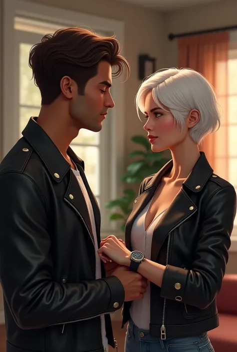 
Raul, a brown man with short brown hair , He is already at home ,  She wears a black leather jacket , He is already at home  acompañado de una chica bella cabello blanco corto le habla, While looking at his wristwatch 