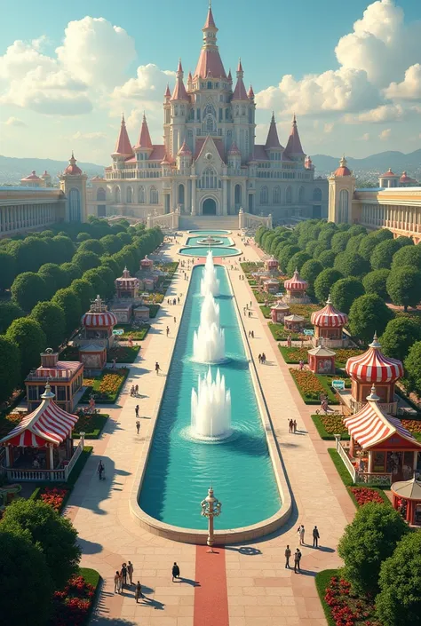 Show me a palace a large palace and outside of it there should be a long run way and in the middle of the runway there should a big water fountain and in the side of the runway there should be trees well trimmed and there should be a garden also both sides...