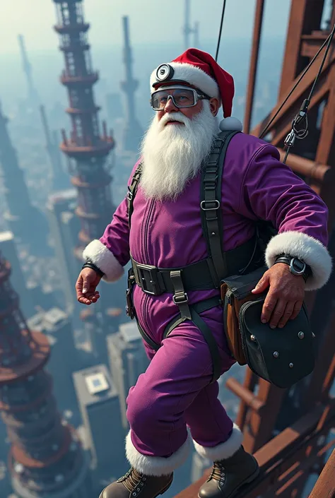  bottomless image of Santa Claus in his purple clothing wearing safety glasses, helmet and harnesses working at heights  