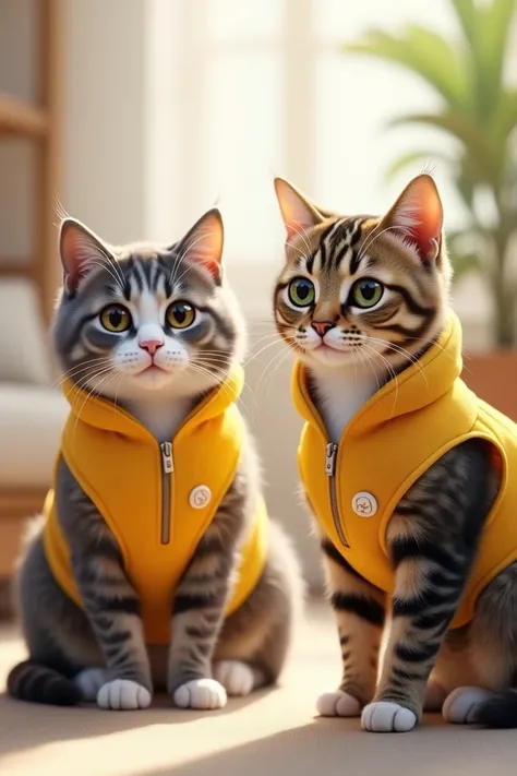 Grey and white cat and tabby cat in yellow vest