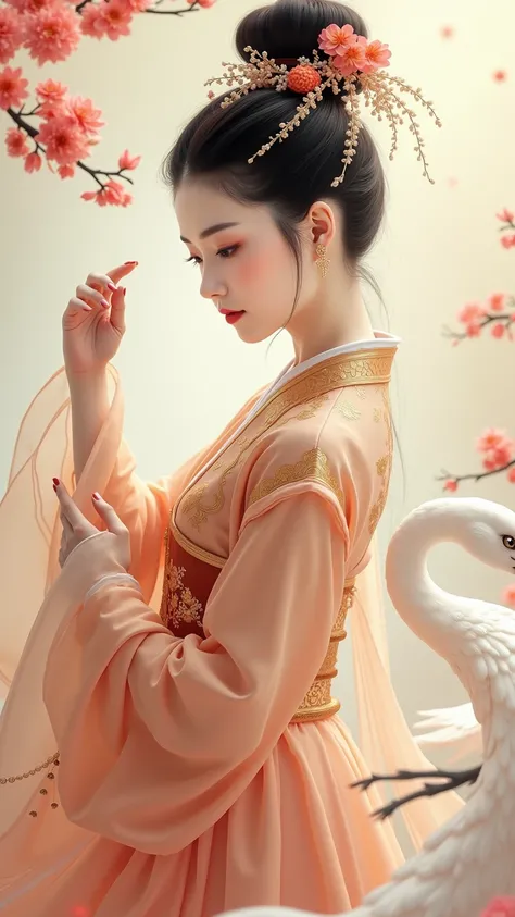  A beautiful Chinese ancient dancer, delicate lines , Gorgeous costume in ancient China ,Delicate and vivid, shy expression ,Liu Yemei,Character description,bun hair,Gold Leaf, flowing clouds ,watercolor, around the crane ,ink painting,[ Gentle eyes ,Sophi...