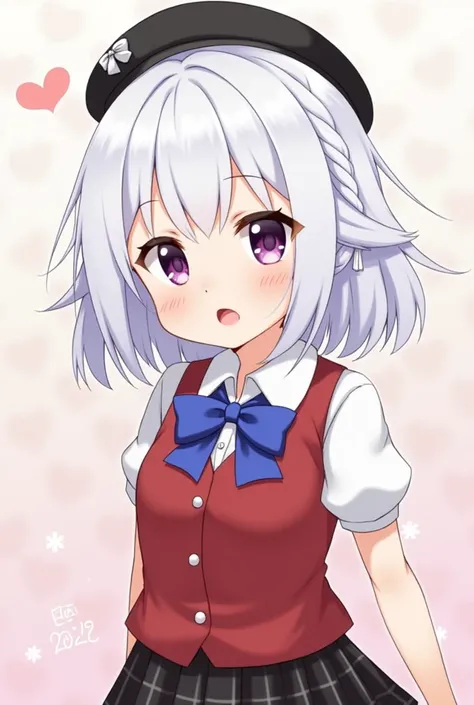  My hair is transparent white, 、 My face is cute and kind  。 eyes are purple and jitoidoa 。Petite and small breasts  。 anime風のイラスト、 uniform, the top is red and the shirt inside is white 、The bow is blue 、 and the skirt has a black pattern on the bottom
1 g...