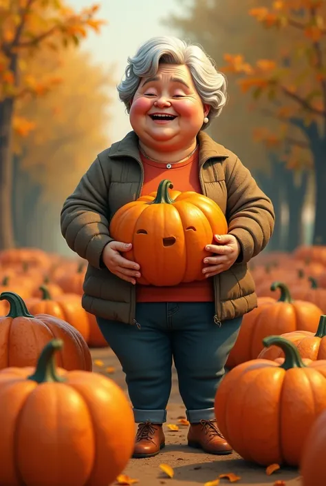 Grandma bodyposetive with pumpkin character animation with short hair and short stature on a pumpkin 