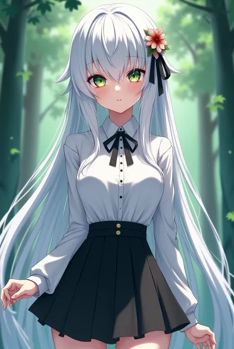  Beautiful girl with long straight hair, wearing a white , black skirt and black thigh-length stockings ,  her hair is white and her eyes are emerald red, In the style of anime "the seven deadly sins"