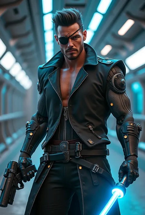 Create an image of a realistic character . Hes an attractive pirate similar to Chris Pratt,  with cyberpunk cyborg arms , eye patch,  a blue energy sword and a futuristic cyberpunk blaster weapon. Hes in a space ship 