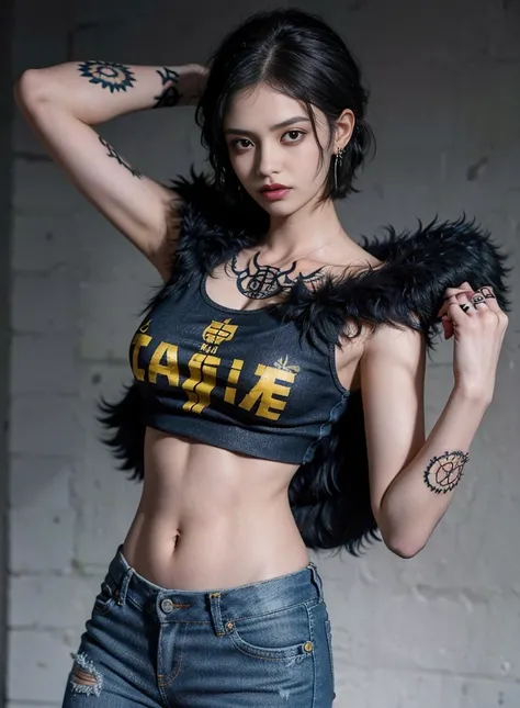 masterpiece,  best quality, 8k, highest resolution,  absurd,  Very detailed, Trafalgar Law for Women,  1 girl , 1 sword , Alone,  putting their fingers in their lips,  short hair on the side of the uniform, Big Breasts,  have , belly button,  clevis, clavi...