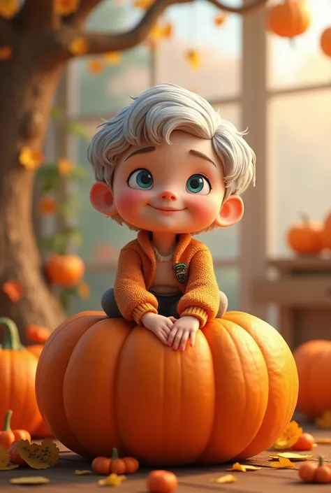 Grandma bodyposetive with pumpkin character animation with short hair and short stature sitting on a pumpkin with blue eyes 