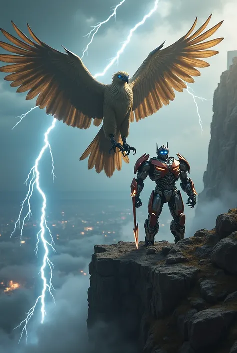 A towering robotic figure resembling Optimus Prime, standing heroically in a futuristic cityscape A majestic eagle perched on the edge of a high-altitude cliff, its bronze and white feathers gleaming under sporadic flashes of lightning. Its sharp beak and ...