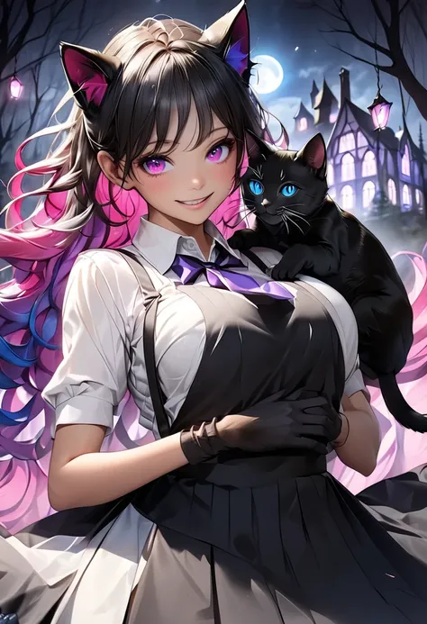 black dog,Heterochromia,wolfskin, glowing skin,cat woman, suspenders,cups,putters,Friendly smile,loyal pose , moonlit night background ,  dark and mysterious  , Moonlight shining over the characters ,strong bond between the dog and the cat woman, impressiv...