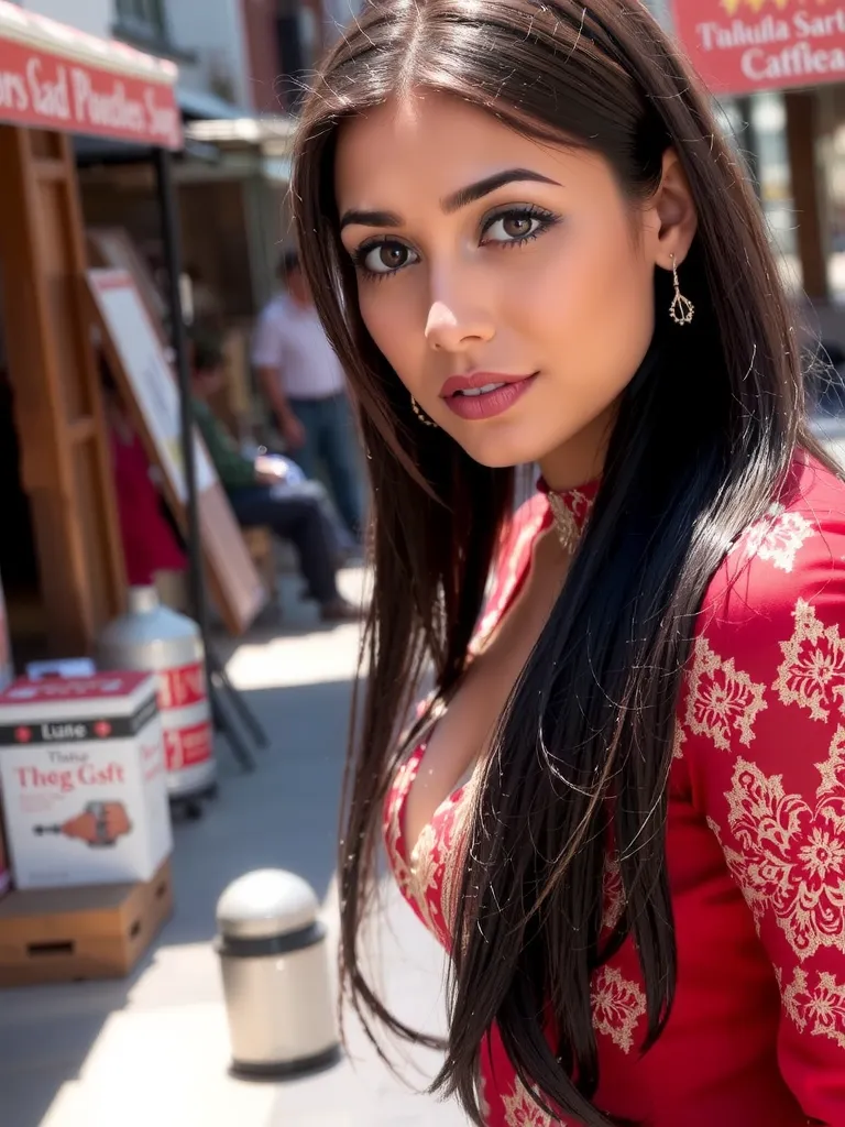 young beautiful woman , indian ,  black long straight hair ,   bright bright green eyes ,   natural makeup ,  full fiery red lip...