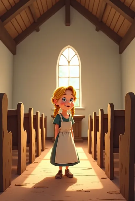 Cartoon of a young blonde peasant girl inside a simple evangelical church without candles and images 