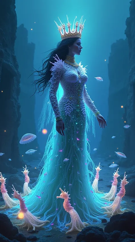 "A hyper-realistic and hyper-detailed depiction of an underwater queen in the deep ocean. Her gown is made of glowing bioluminescent algae and coral, radiating soft neon blues, greens, and purples. She is surrounded by an army of luminous sea creatures, su...