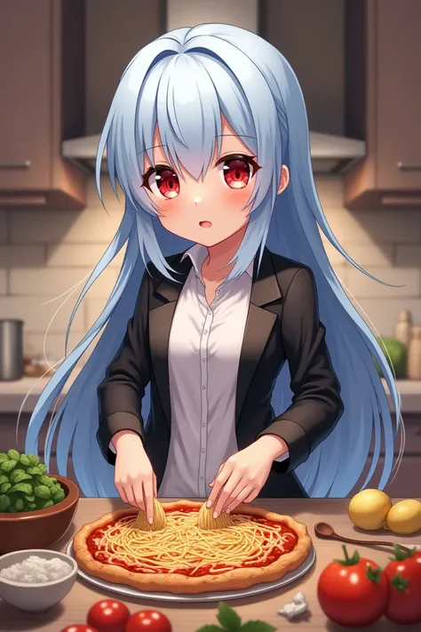  girl, anime, long haired,  light blue hair color , red eyes, wearing a black jacket. 
Cooking spaghetti and pizza for dinner. 