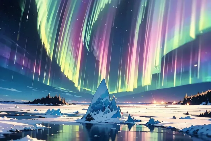 ((( best quality))),(((  super detailed ))),(((masterpiece))),Illustration,Aurora over a glacier,((Rainbow-colored aurora))