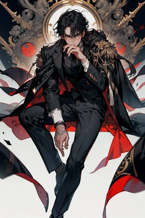 (masterpiece), best quality, seductive eyes, handsome face, mature, red pupils, messy bangs black hair, brown skin, long nose, black coat, business suit, black necktie, full body, extremely tall man, anime cover, 1boy, ear piercings, adult-like look, manhw...