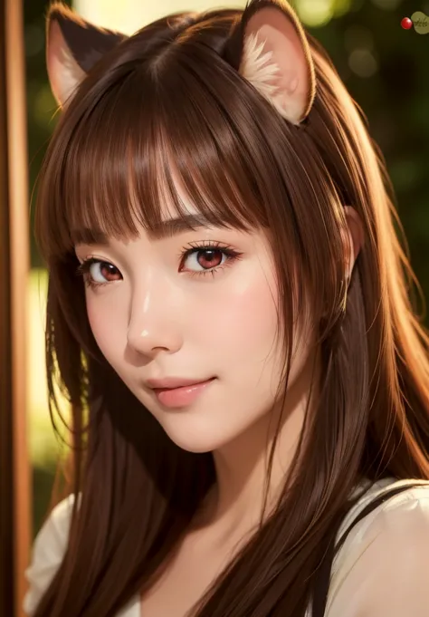 raptaria long brown hair,  beautiful face,  light smile , red eyes, cola, ( masterpiece :1.2),  best quality,  absurd, extremely...