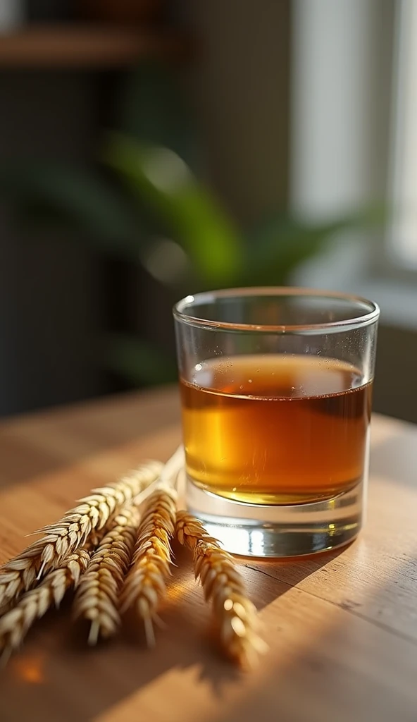  Realistic style A few wheat plants are placed flat on a wooden table ， put a glass of clear, transparent liquor next to the wheat，There is an empty space between liquor and wheat ，Background Indoors，The background is bokeh， The view is a frontal view ，Vis...