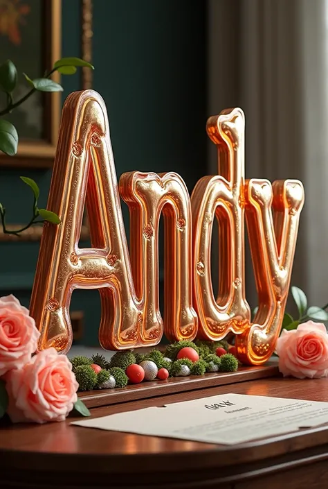 A masterful 3D artwork titled "Andy" that epitomizes the zenith of artistic innovation. Each letter of the exquisite glass font is masterfully crafted, displaying a mesmerizing fusion of shiny, tubular glass with wood grain and gold textures. The intricate...