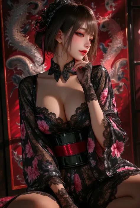 black camellia kimono 、Black Hakama、Lace gloves、  attractive, desire, Obscene,  Mature Woman,  Captivating body lines  , ((     fine facial features     ,    eroticism)),    Dramatic Lighting  , Realistic, 8k,    Cinematic Composition ,  dark moody vibe   ...