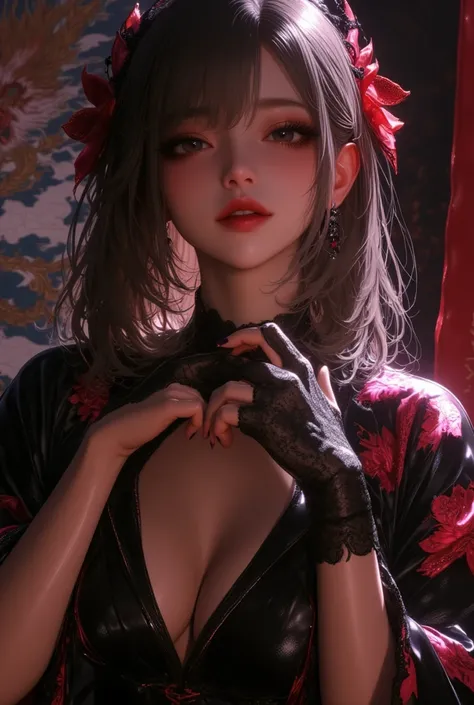 black camellia kimono 、Black Hakama、Lace gloves、  attractive, desire, Obscene,  Mature Woman,  Captivating body lines  , ((     fine facial features     ,    eroticism)),    Dramatic Lighting  , Realistic, 8k,    Cinematic Composition ,  dark moody vibe   ...