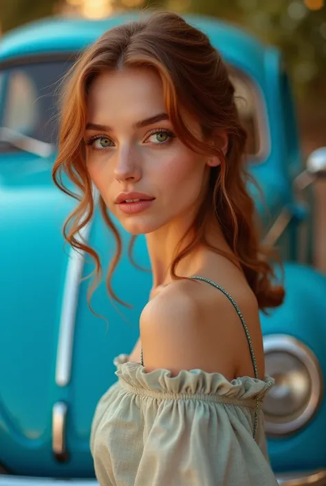 A beautiful woman with green eyes in front of a blue Beetle