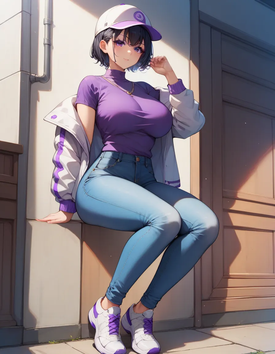 suminoe_shion, black hair, short hair, bangs, 
purple eyes, large breasts, 
cap, white jacket, purple shirt, 
blue jeans, white ...