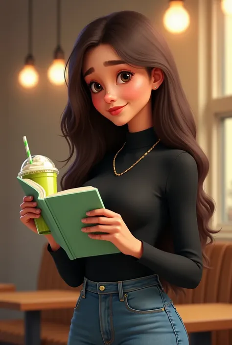 Please,  create a tall and slightly overweight girl, don&#39;t forget. with long and straight dark brown hair ,  light brown eyes ,  marked cheeks and a nose ring piercing .  This girl is focused reading on her light green Amazon Kindle , And next to you i...