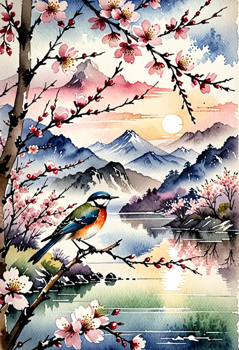 Watercolor, beautiful painting of a bird perched on a cherry blossom branch in the style of the Larmes, photogravure print, beautiful mountain and river landscape, Ricoh FF-9D, Tanbi style, rustic landscape