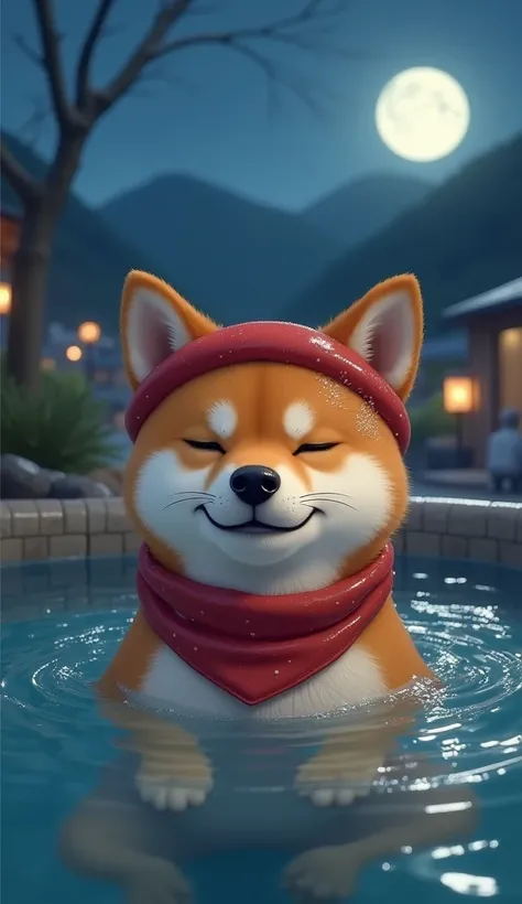 Realistic. Photorealistic. Image is vibrantly colored.
photo,Highly detailed

A real Shiba Inu puppy is bathing in an open-air bath.

He is bathing up to his neck in the open-air bath, closing his eyes and looking very comfortable.

He has a red bandana wr...