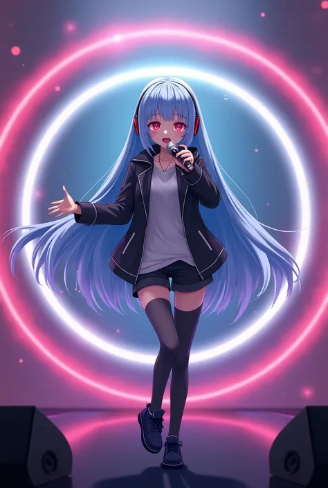  girl, anime,  in two circles ,  light blue hair color , red eyes, wearing a black jacket,  wearing a handset that is often used by gamers. 
Singing on stage with long hair . 