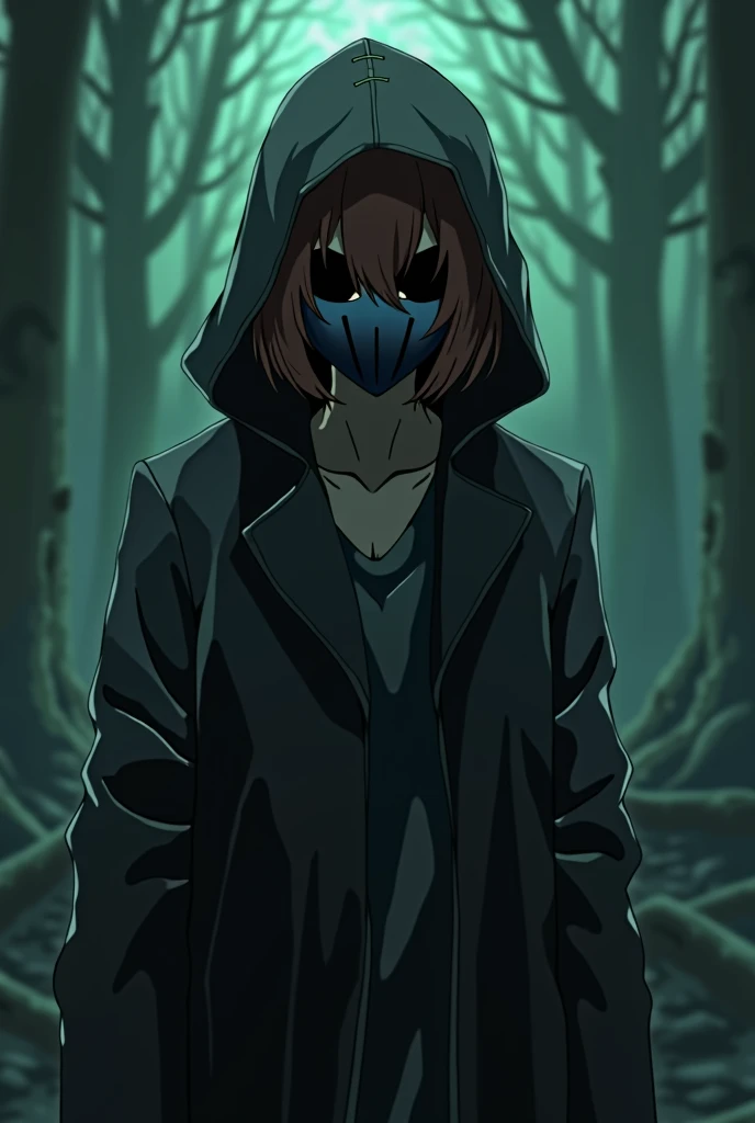 Scary anime style .  A brown-haired teenager wearing a dark blue mask with two black holes in the eyes.  blue mask with black eyes , dark blue mask .  wearing a black leather coat , wearing a hood.  anime style . Jack eyeless, Creepypasta. dark green backg...