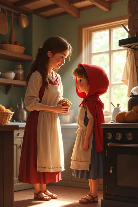 Little Red Riding Hood with her mother in the kitchen of their house