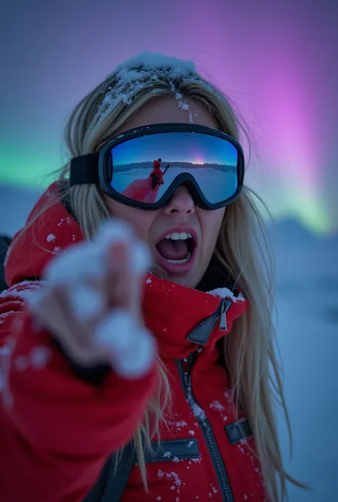  night image of a beautiful 25-year-old blonde girl wearing fluorescent red mountaineers clothing in the snow,  she wears a mountaineers burrow  ,  she wears snow ear protection on her ears ,  she wears mirrored and polished mountaineering glasses , There ...