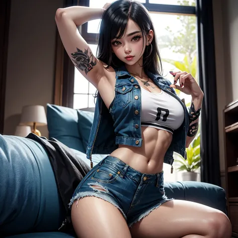 A girl with a muscular body with a tattoo arm up to her hand wearing a sleeveless ripped sexy denim mini jacket along with sexy chest length blouse with ultra HD ripped sexy micro denim shorts