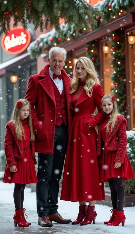  a white couple, Rubios, Christmas decoration under the mistletoe, snow,  with two girls by his side, Under mistletoe , elegant, rico, Frashionist , red clothing