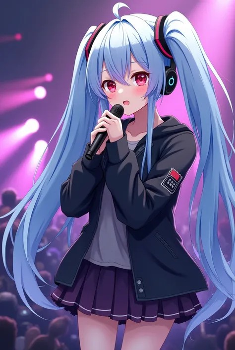  girl, anime, long haired,Two tied hair ,  light blue hair color , red eyes, wearing a black jacket,  wearing handsets often used by gamers. 
 Singing on stage . 