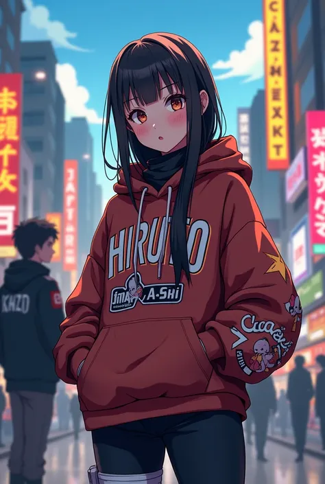 anime hinata , wearing hijab , curvy body ,hip hop hoodie ,background ,japan city , naruto friend on her back