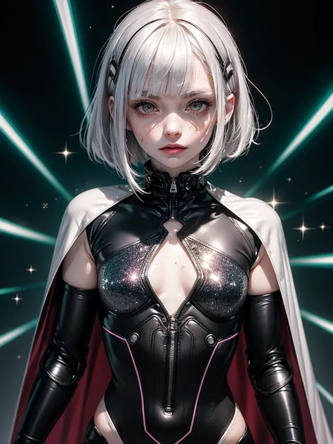 1girl, ((pale white skin)), glowing silver glitter, (((glitter on cheeks))), white hair, white bob, blunt bangs, (grey eyes), bored expression, cybernetic hair clips, dark pinstripe bodysuit, flat chest, small breasts, large black sci-fi cape, raised colla...