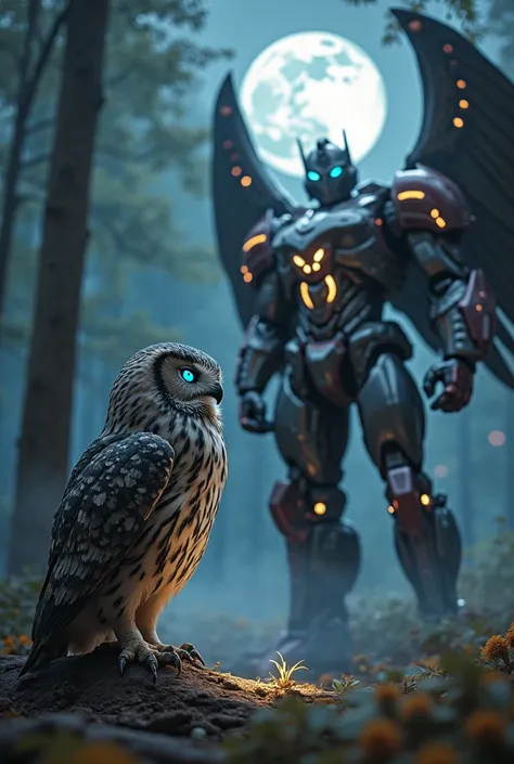 A towering robotic figure resembling Optimus Prime, standing heroically in a futuristic cityscape A majestic owl perched on a low branch in a quiet nighttime forest, its gray and bronze feathers shimmering under the glow of the full moon. The owls large, g...