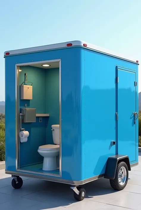 a motor home cover by blue wall with wheels at angles of the upright rectangle, inside the motor home have every things that a restroom need such as sink, toilet, toilet paper, spray nozzle, sanitary napkins box and creen mounted to the wall. outside the m...