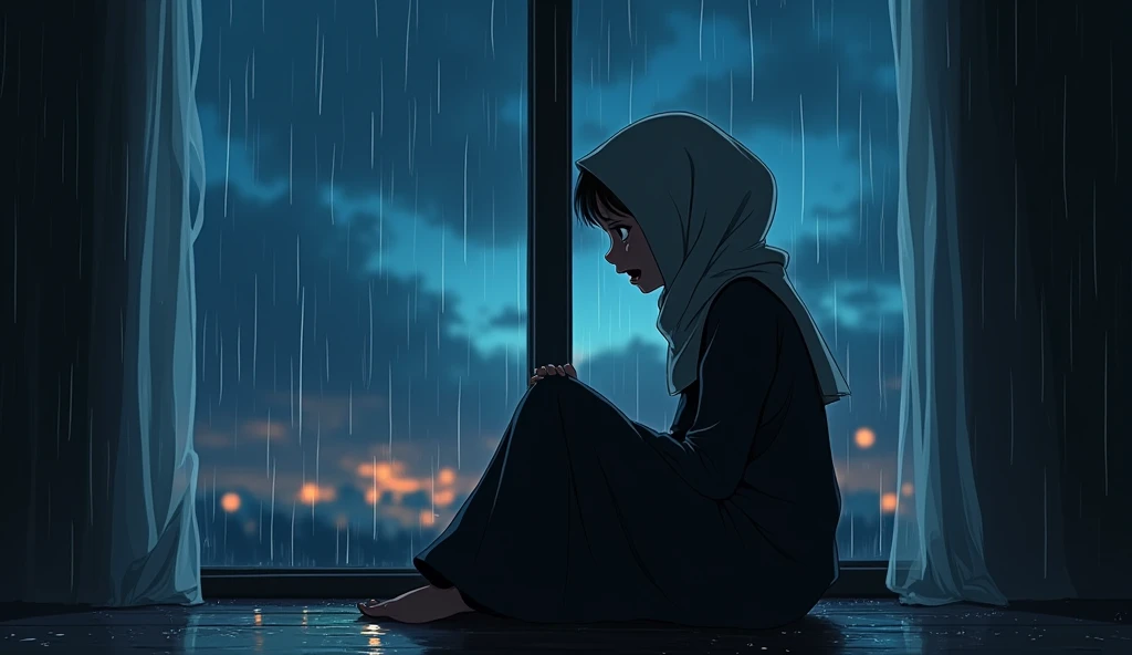 Anime Style 2D, A girl with hijab is sitting near a glass window and crying. The girl is in a lot of trouble, so she is crying a lot. The girl is sitting so that her whole body is visible. The girl is more than 1. The image will be enemy related. Its raini...