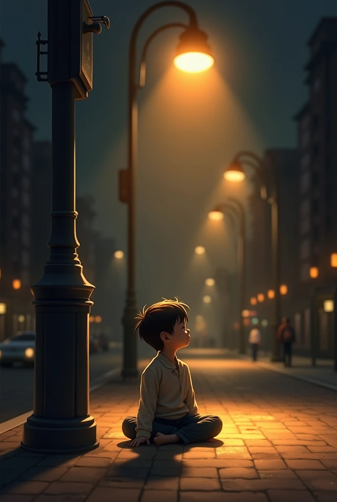 A boy sitting under the street lights